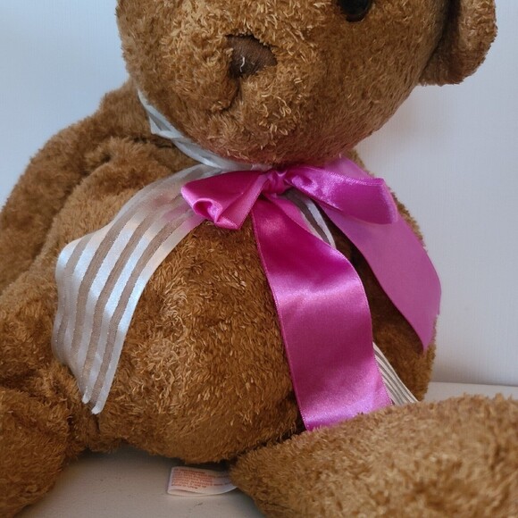 PBC International Brown Bear Plush Pink and White Bow Weighted - Picture 3 of 11
